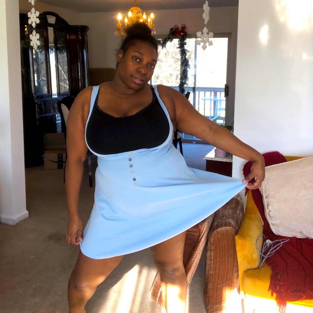 Fit and flare light blue button accent pinafore skirt